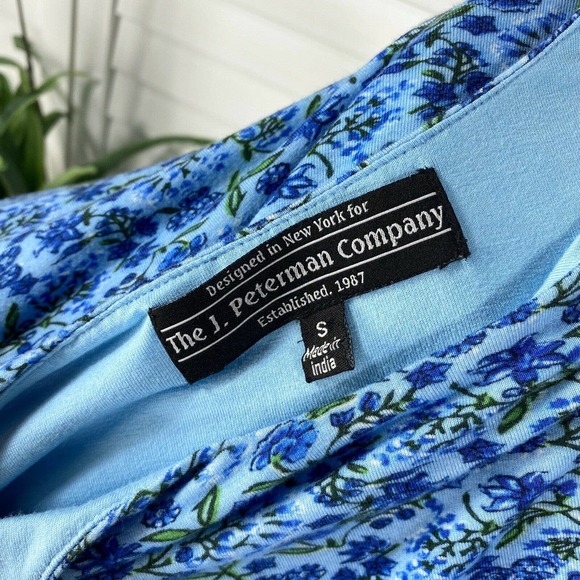 J Peterman Blue Floral Secret Keeper Dress Ruched Long Sleeve‎ Lined Knit Size S - Picture 4 of 4